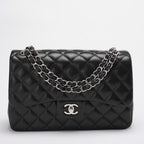 Chanel Classic Flap Bag Lambskin Black Bag Jumbo in Silver Hardware