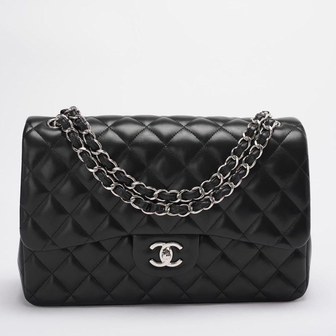 Chanel Classic Flap Bag Lambskin Black Bag Jumbo in Silver Hardware