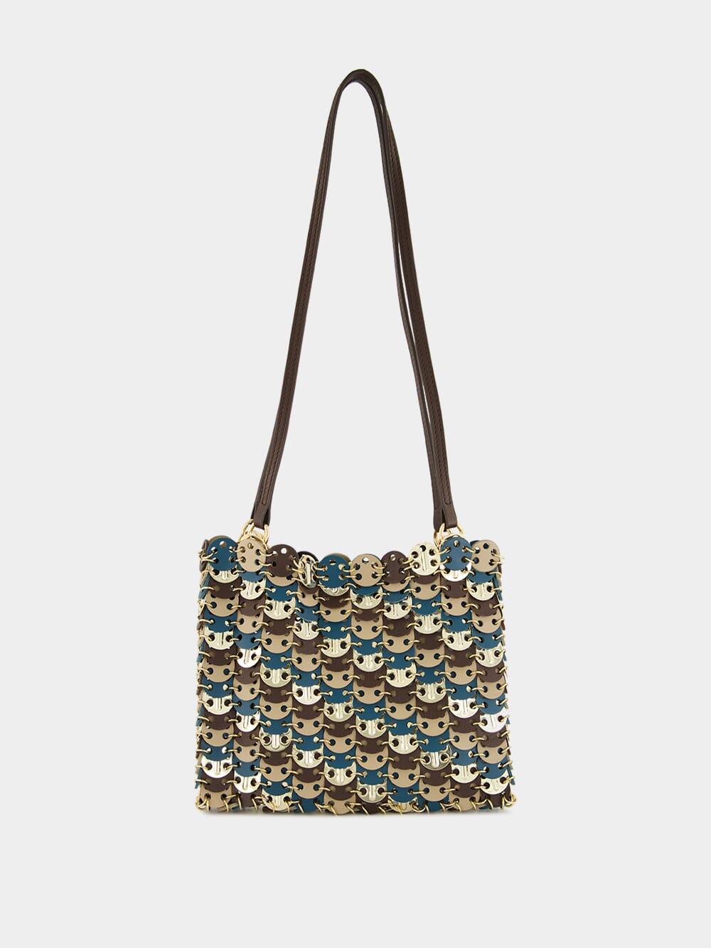 Mixed Disc Shoulder Bag in Light Gold, Blue, and Brown