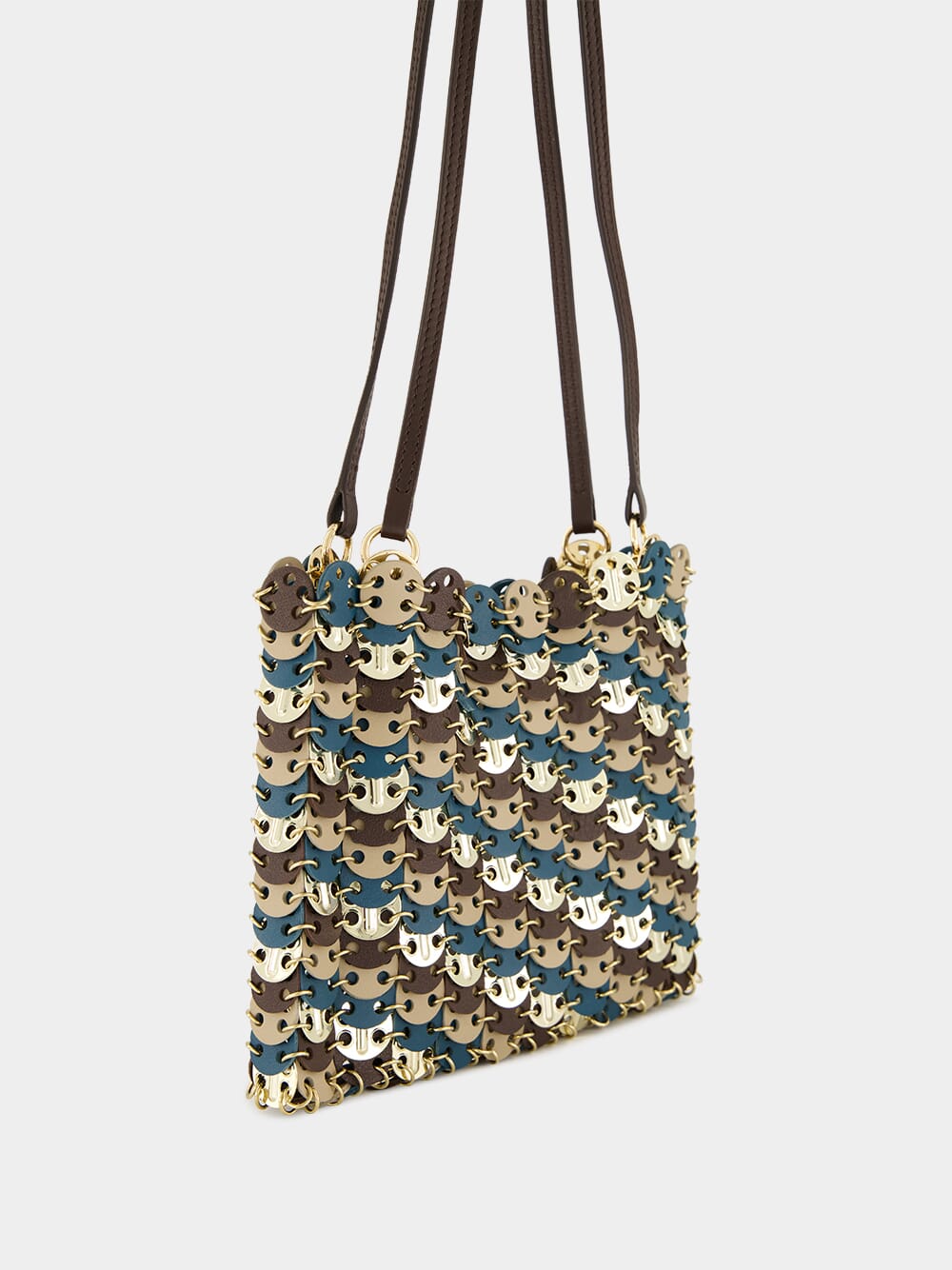 Mixed Disc Shoulder Bag in Light Gold, Blue, and Brown