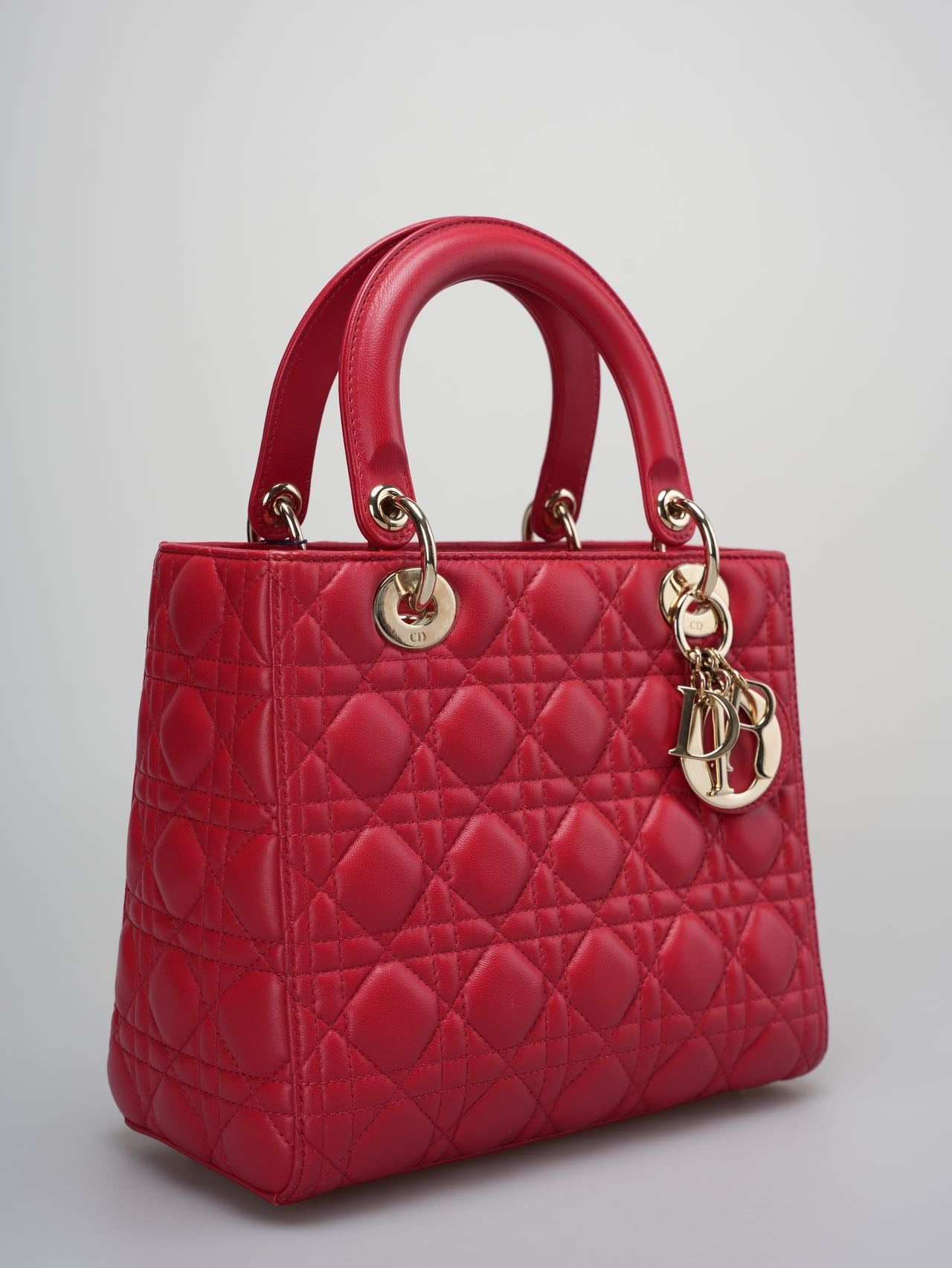 Christian Dior Red Medium Lady Dior Bag in Cannage Lambskin Leather with Gold Hardware