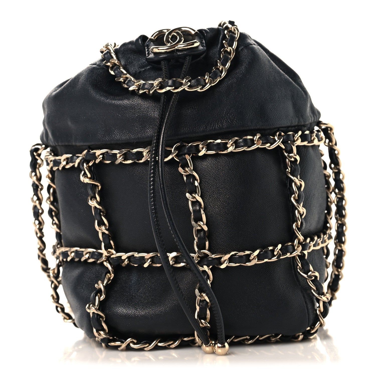 Lambskin Bucket Chain Drawstring Bag Black