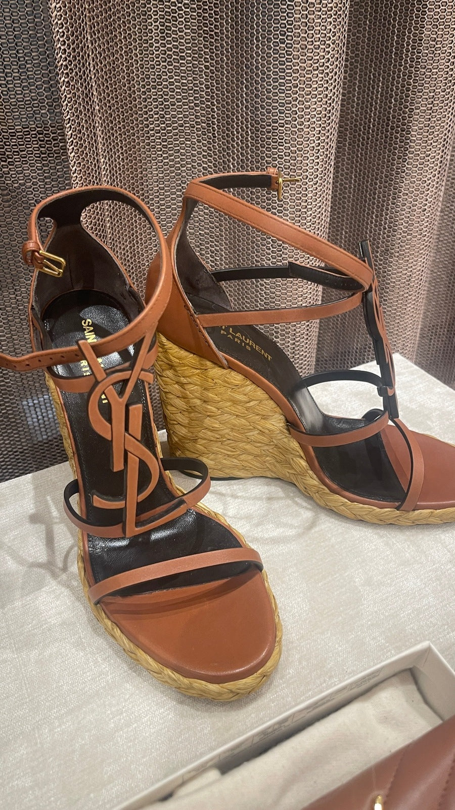 Yves Saint Laurent YSL  Cassandra Wedge Spadriles Tan