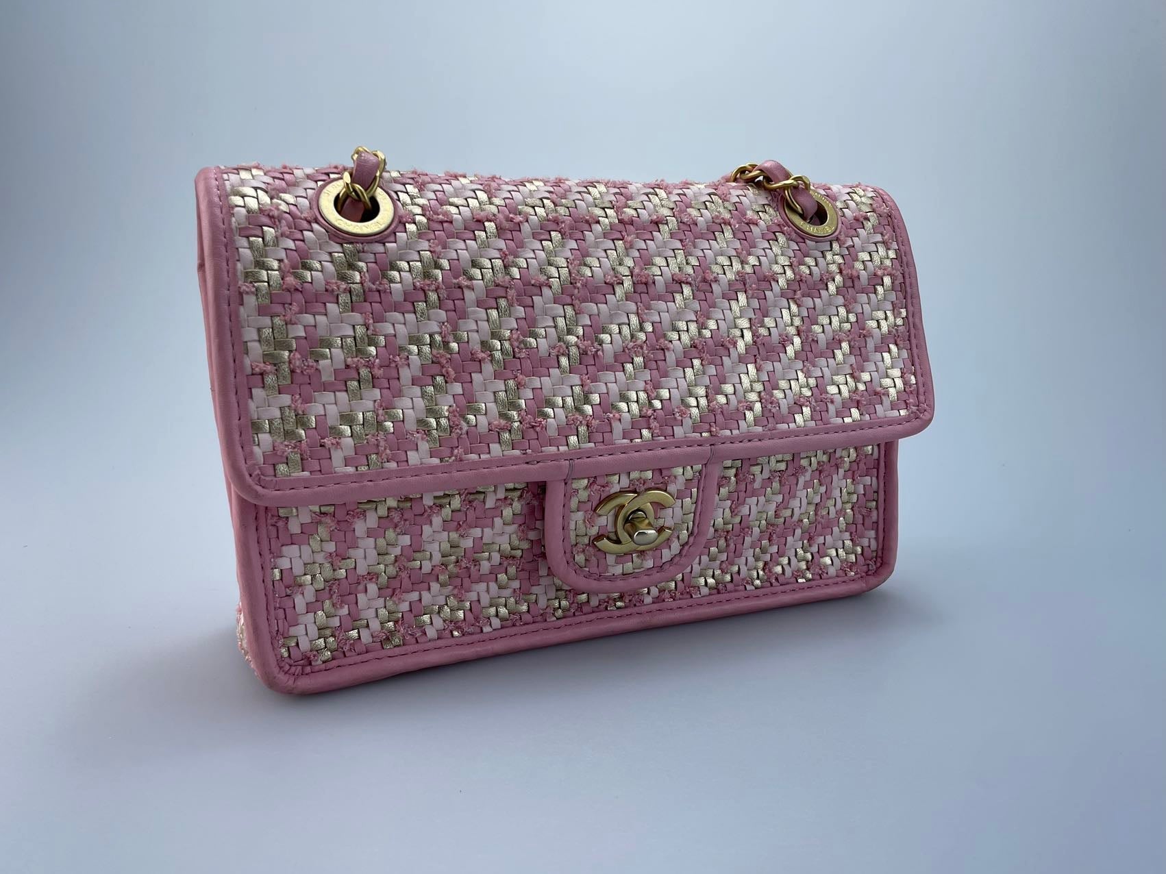 Chanel Classic Single Flap Bag Pink Woven 23C Gold Hardware