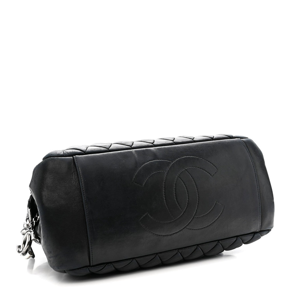 Lambskin Bubble Quilt Small Double Bowling Bag Black