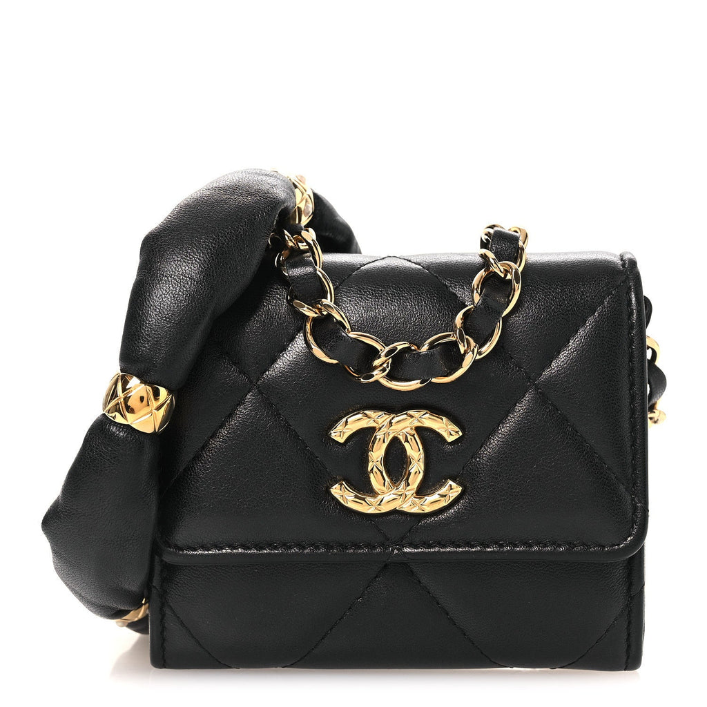 Lambskin Pearl Quilted CC Flap Card Holder With Chain  Black