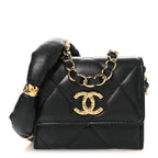 Lambskin Pearl Quilted CC Flap Card Holder With Chain  Black