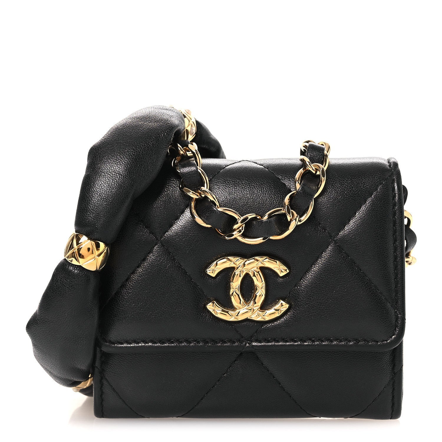 Lambskin Pearl Quilted CC Flap Card Holder With Chain  Black