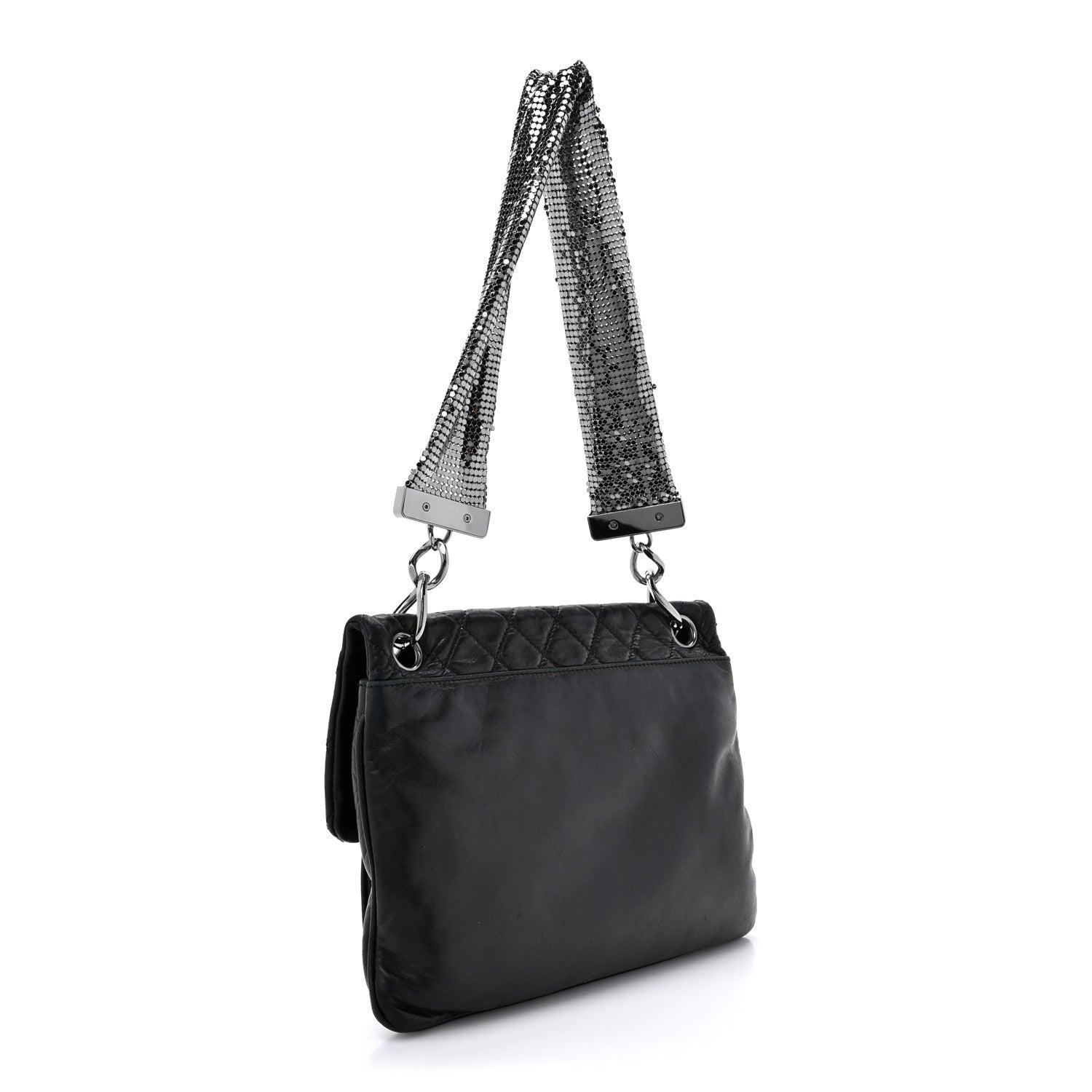 Lambskin Quilted Chain Mail Shoulder Bag Black