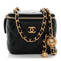 Lambskin Quilted Mini Pearl Crush Vanity Case With Chain Black