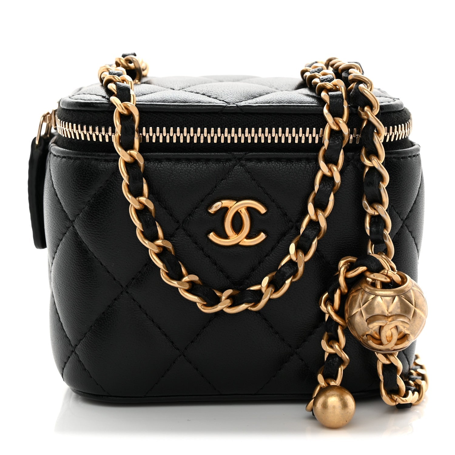 Lambskin Quilted Mini Pearl Crush Vanity Case With Chain Black