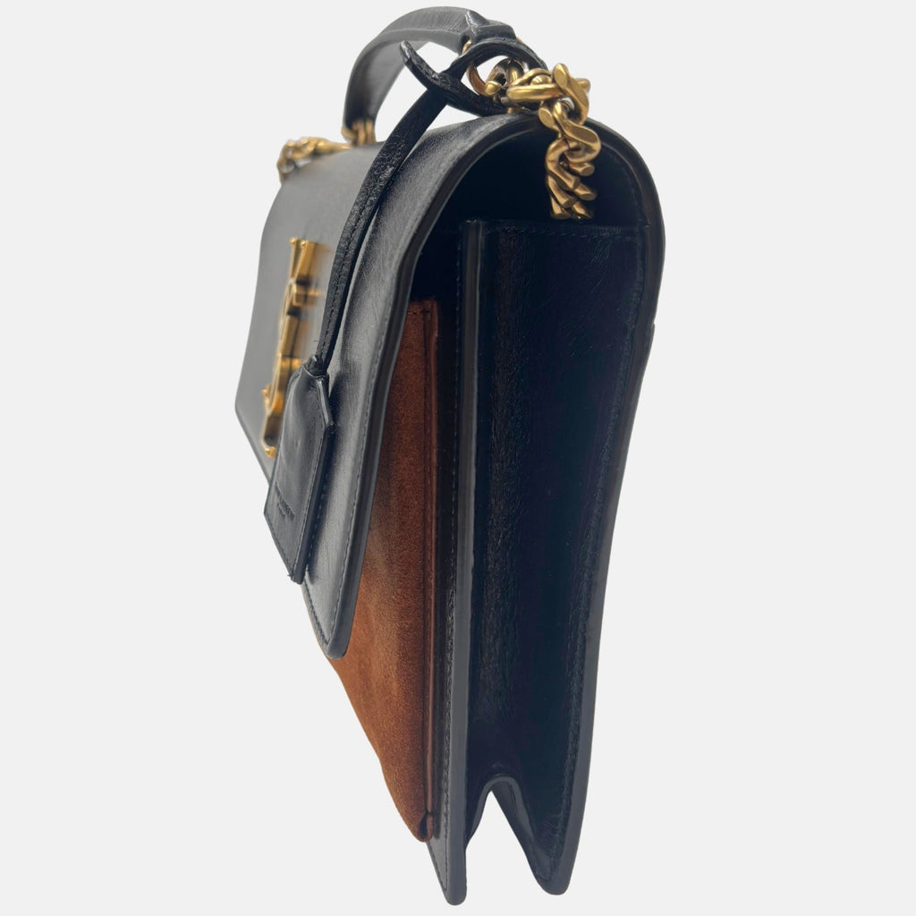 Sunset Top Handle Bag Black Leather Brown Suede