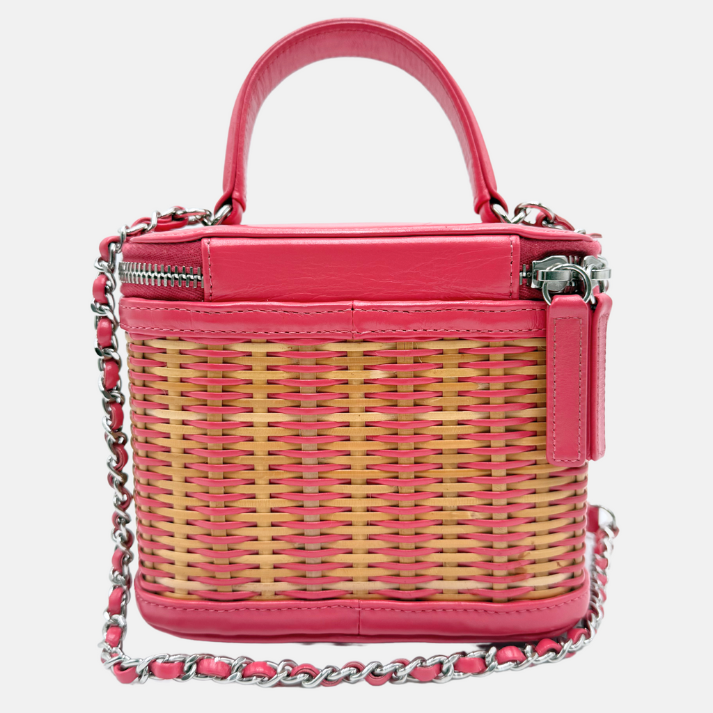 Small Take Away Vanity Case Rattan and Pink Calfskin