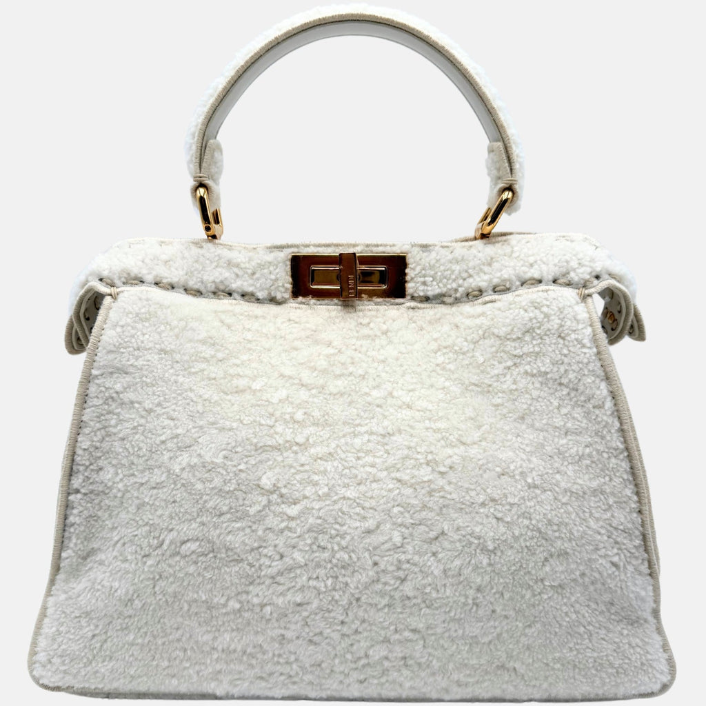Peekaboo Medium Top Handle Bag White Shearling and Leather