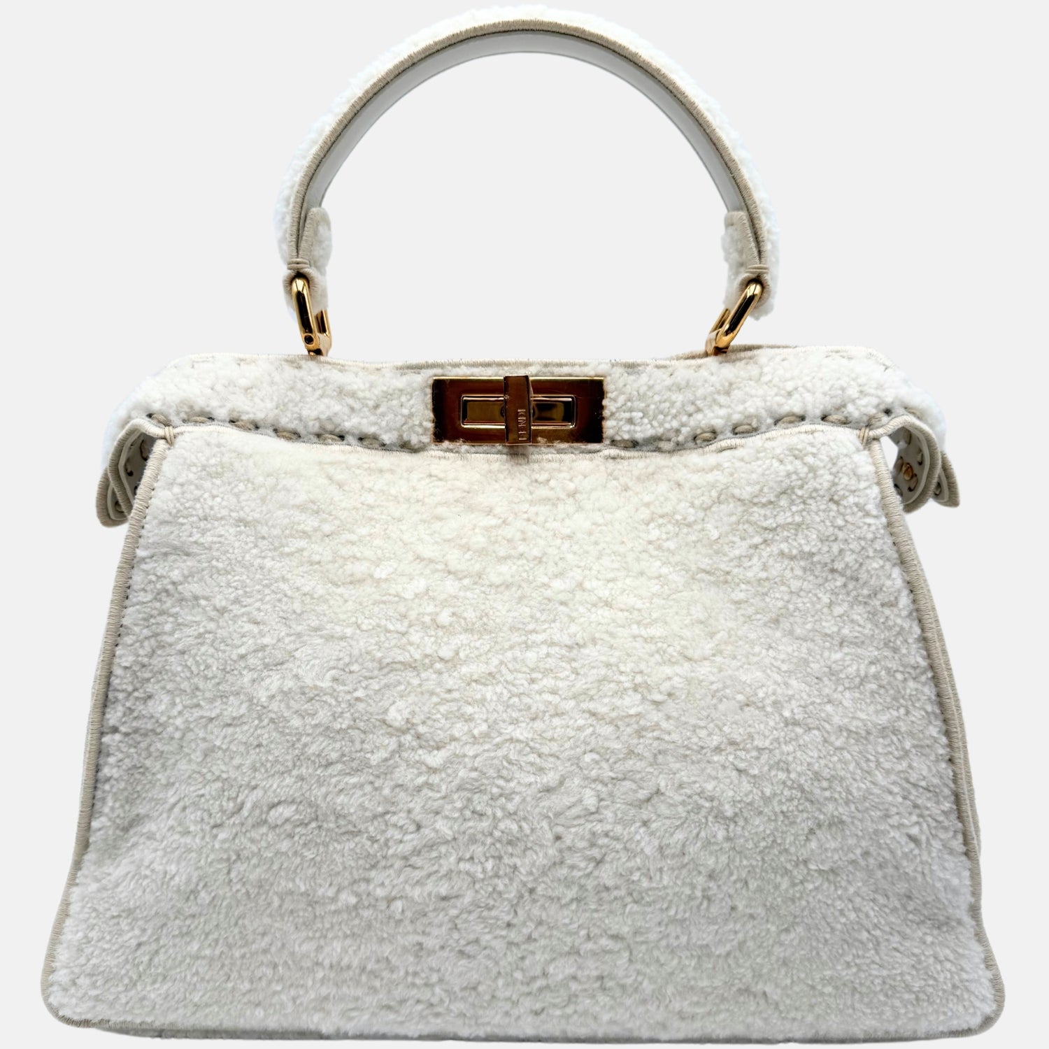 Peekaboo Medium Top Handle Bag White Shearling and Leather