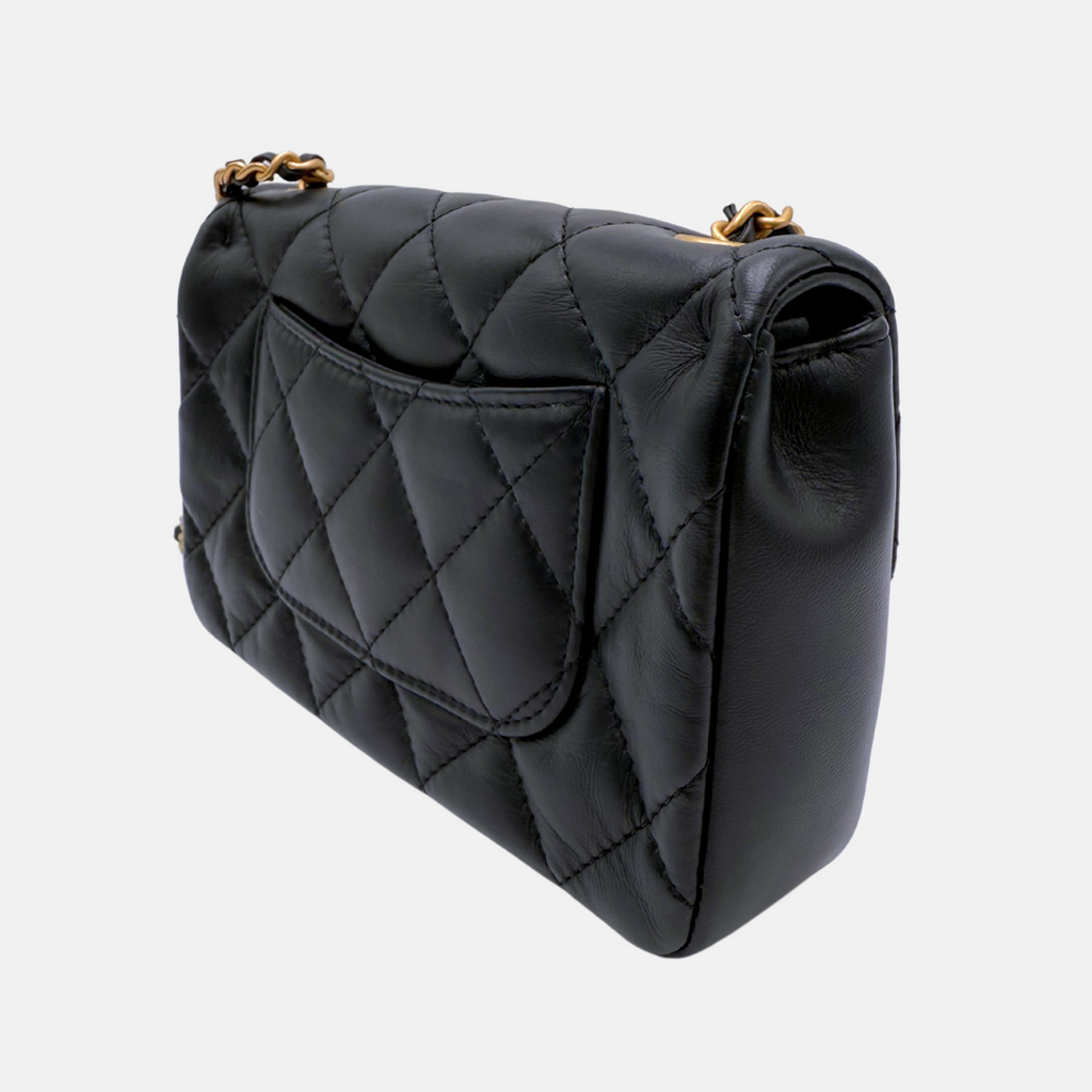 Heart Charms Mini Classic Square Flap Black Lambskin