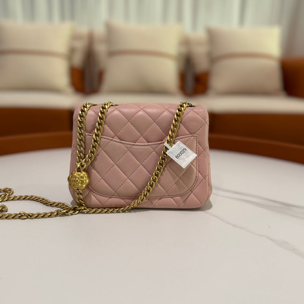 CHANEL CF MINI LAMBSKIN CAMELLIA GOLD BALL RECTANGULAR FLAP (MICROCHIP)
