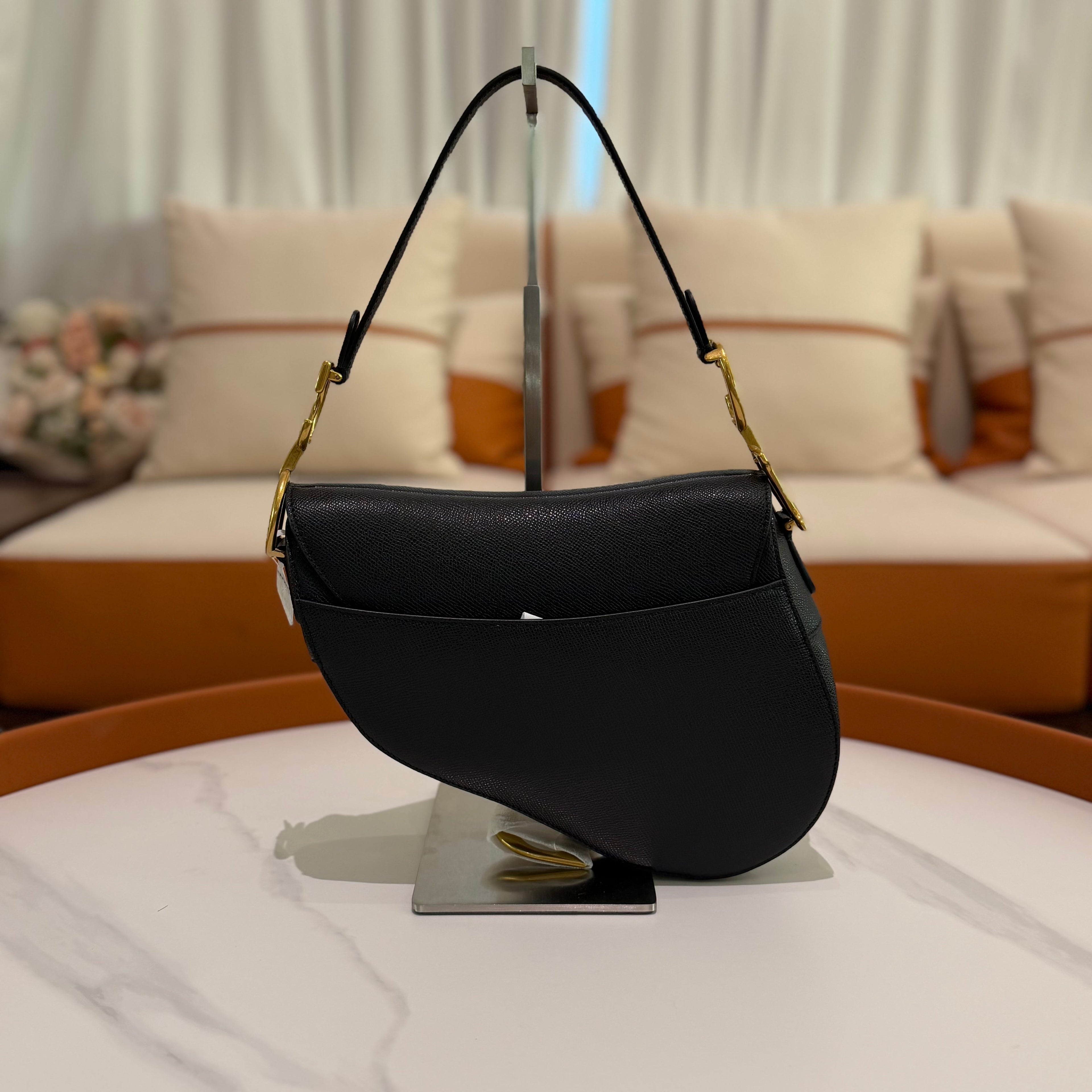 Dior Saddle Medium Black Grained Leather with Gold Hardware Top Handle & Shoulder Bag