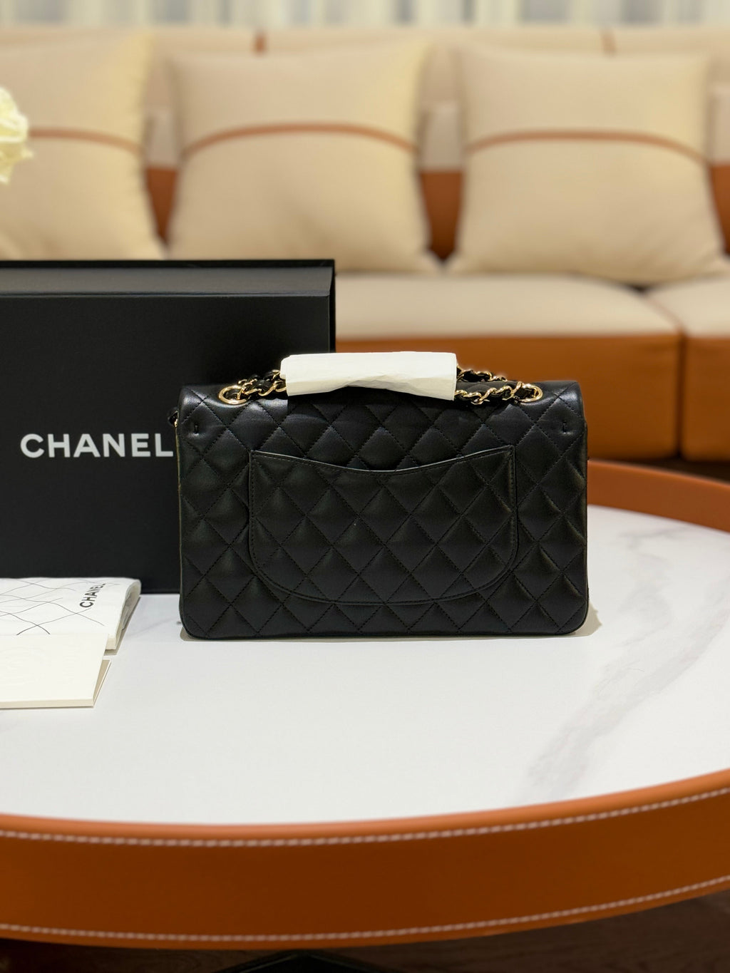 CHANEL CLASSIC FLAP MEDIUM BLACK LAMBSKIN WITH GOLD HARDWARE AND CHIP