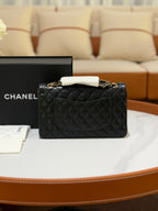 CHANEL CLASSIC FLAP MEDIUM BLACK LAMBSKIN WITH GOLD HARDWARE AND CHIP