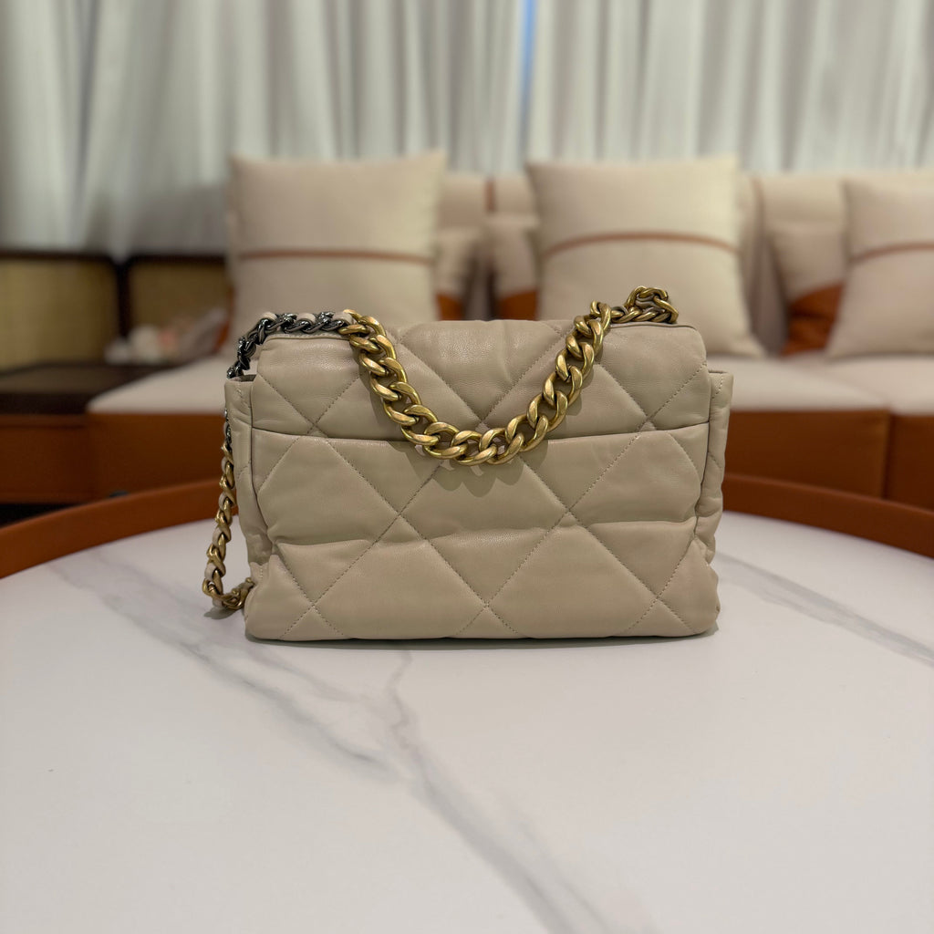 Chanel 19 Bag Medium Beige Quilted Lambskin with Gold Chain
