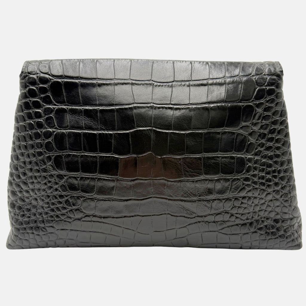 Crush Pouch Black Embossed Crocodile Medium