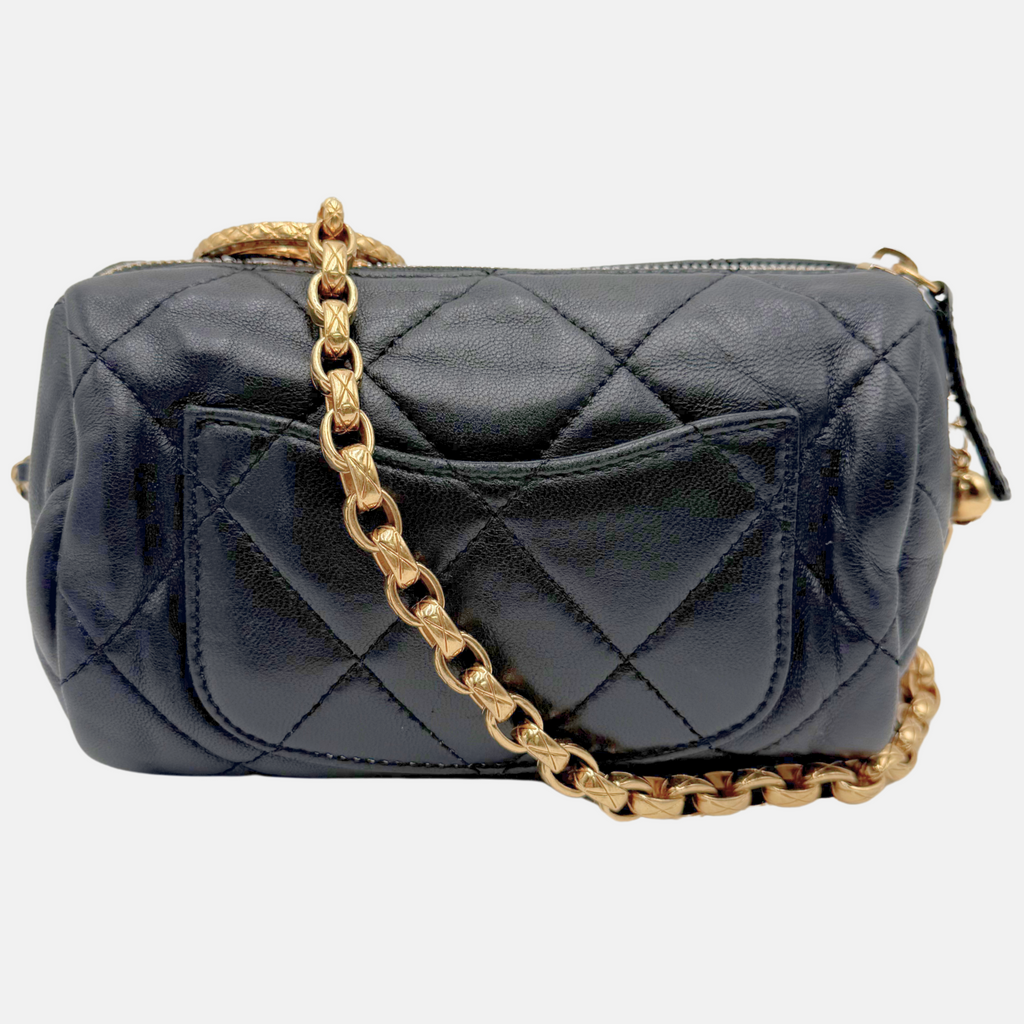 Pearl CC Medallion Chain Mini Bowling Bag Black Quilted Lambskin