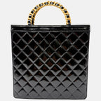 Tote Bag Black Patent Quilted Leather Chain Handles
