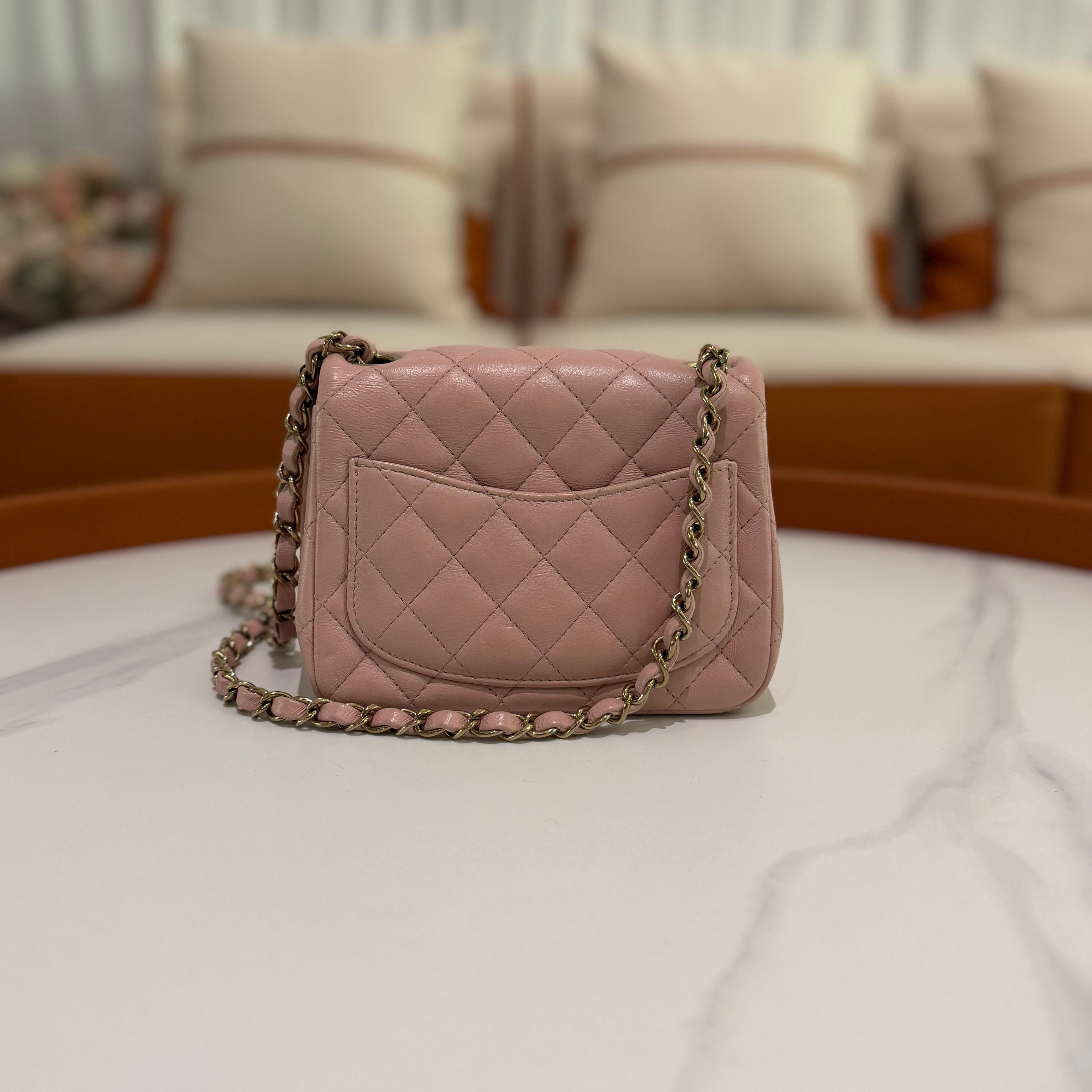 CHANEL CLASSIC FLAP MINI RECTANGULAR PINK LAMBSKIN WITH GOLD HARDWARE (CHIP MODEL)