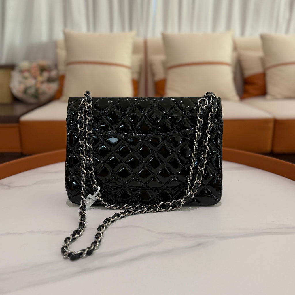 CHANEL Jumbo CF Green Patent Leather with Silver Hardware