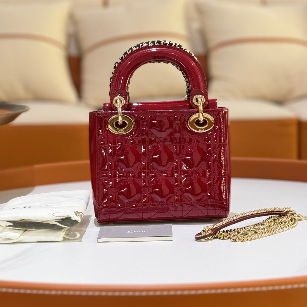 DIOR MINI LADY DIOR PATENT LEATHER RED