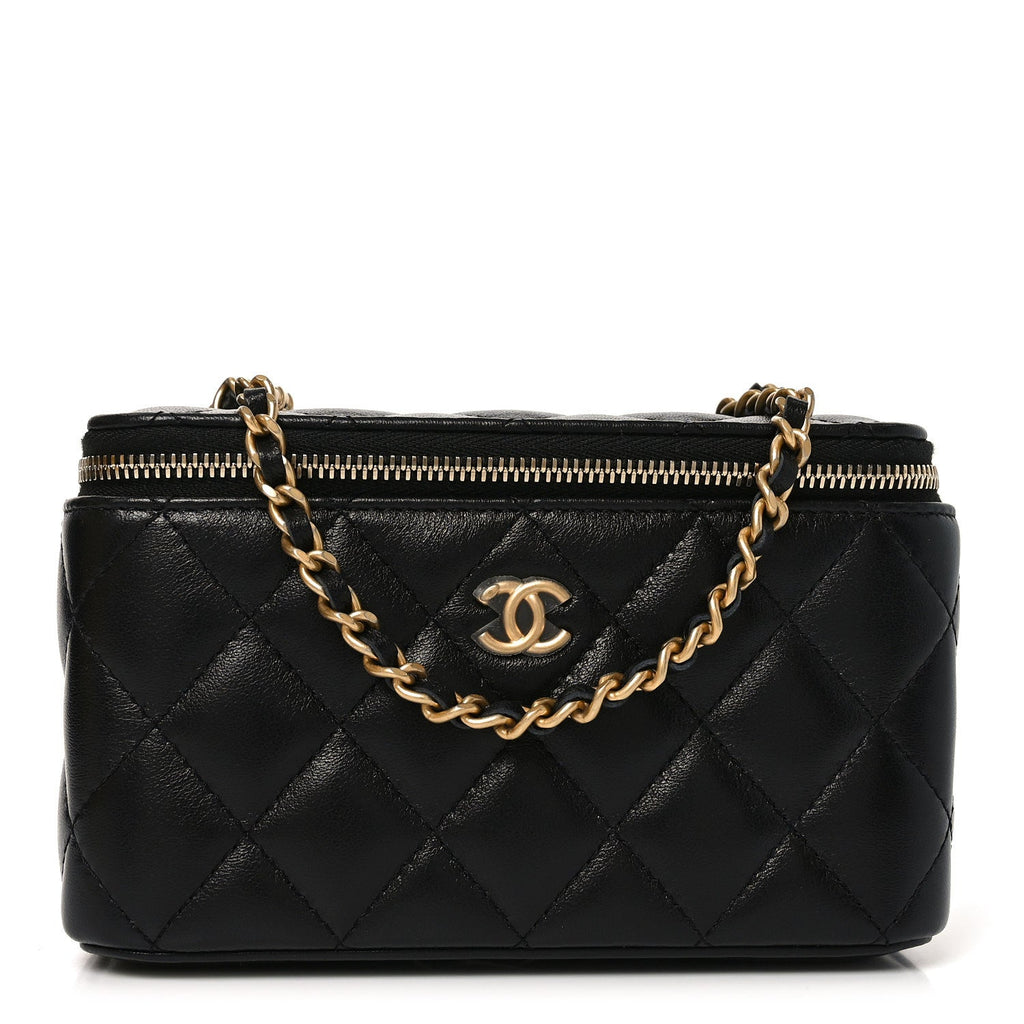 Lambskin Quilted Pearl Crush Small Vanity Case With Chain Black