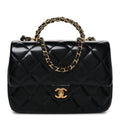 Shiny Lambskin Quilted Twisted Links Top Handle Flap Black