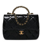Shiny Lambskin Quilted Twisted Links Top Handle Flap Black