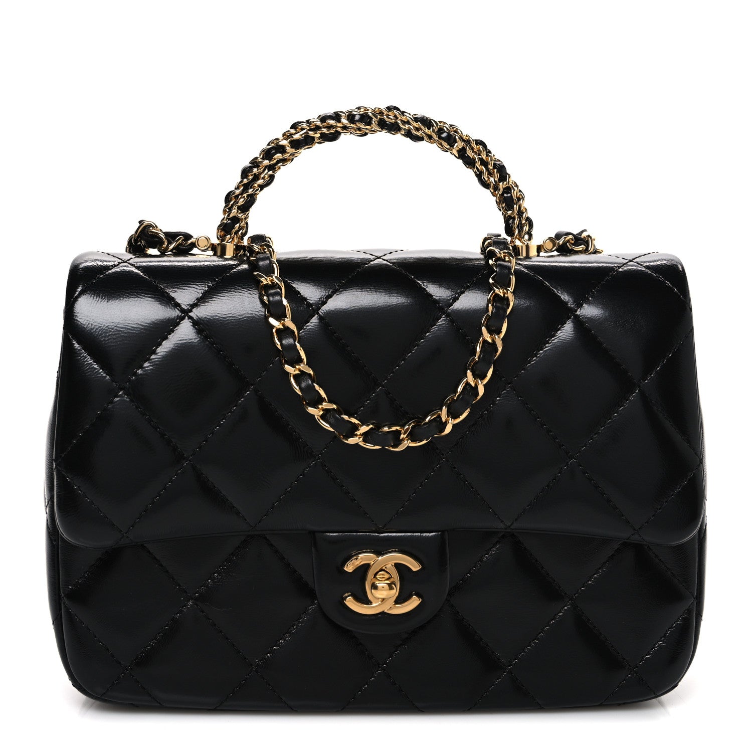 Shiny Lambskin Quilted Twisted Links Top Handle Flap Black