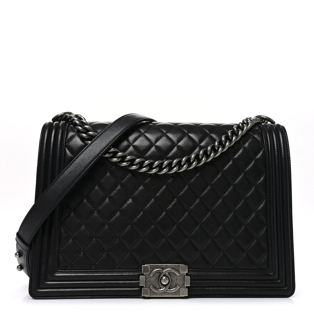 Lambskin Quilted Large Boy Flap Black
