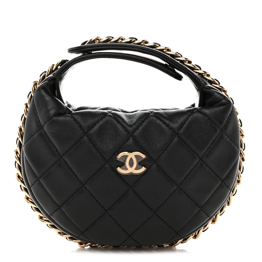 Lambskin Quilted Chain Around Pouch Hobo Black
