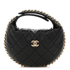 Lambskin Quilted Chain Around Pouch Hobo Black