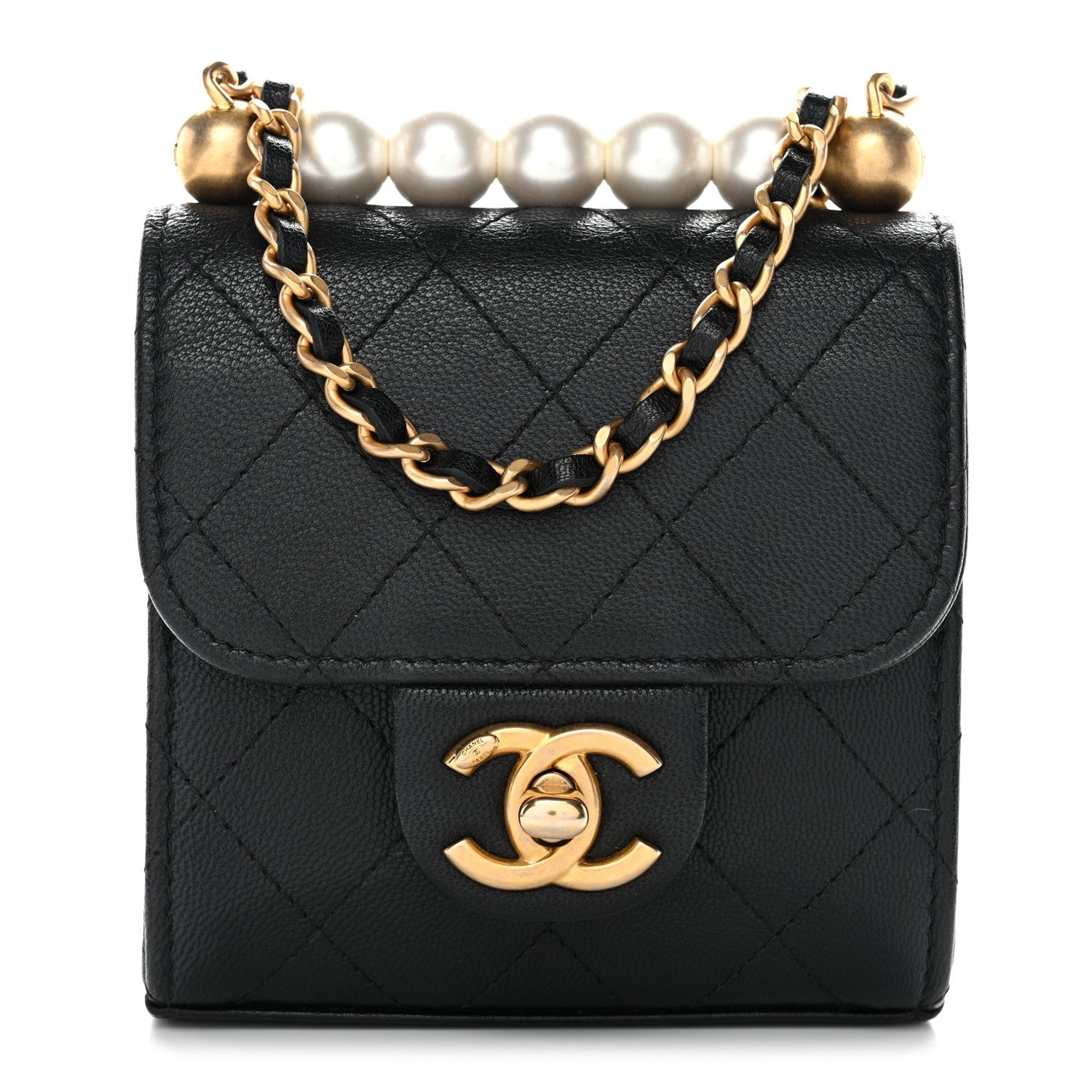 Lambskin Quilted Chic Pearls Flap Black