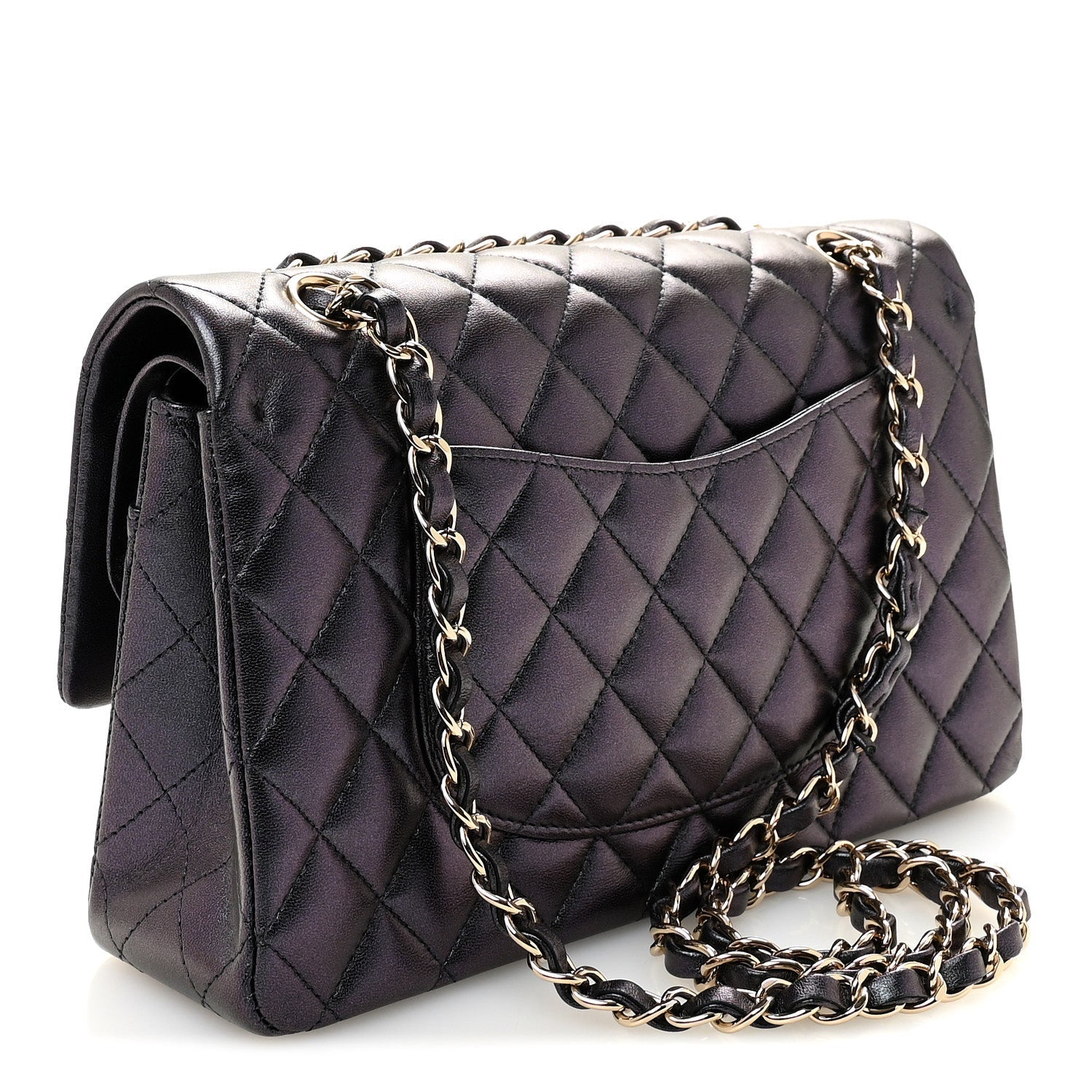 Iridescent Lambskin Quilted Medium Double Flap Black