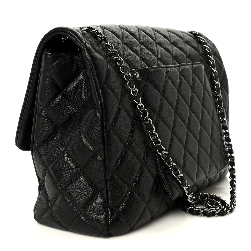 Calfskin Quilted XXL Travel Flap Bag Black