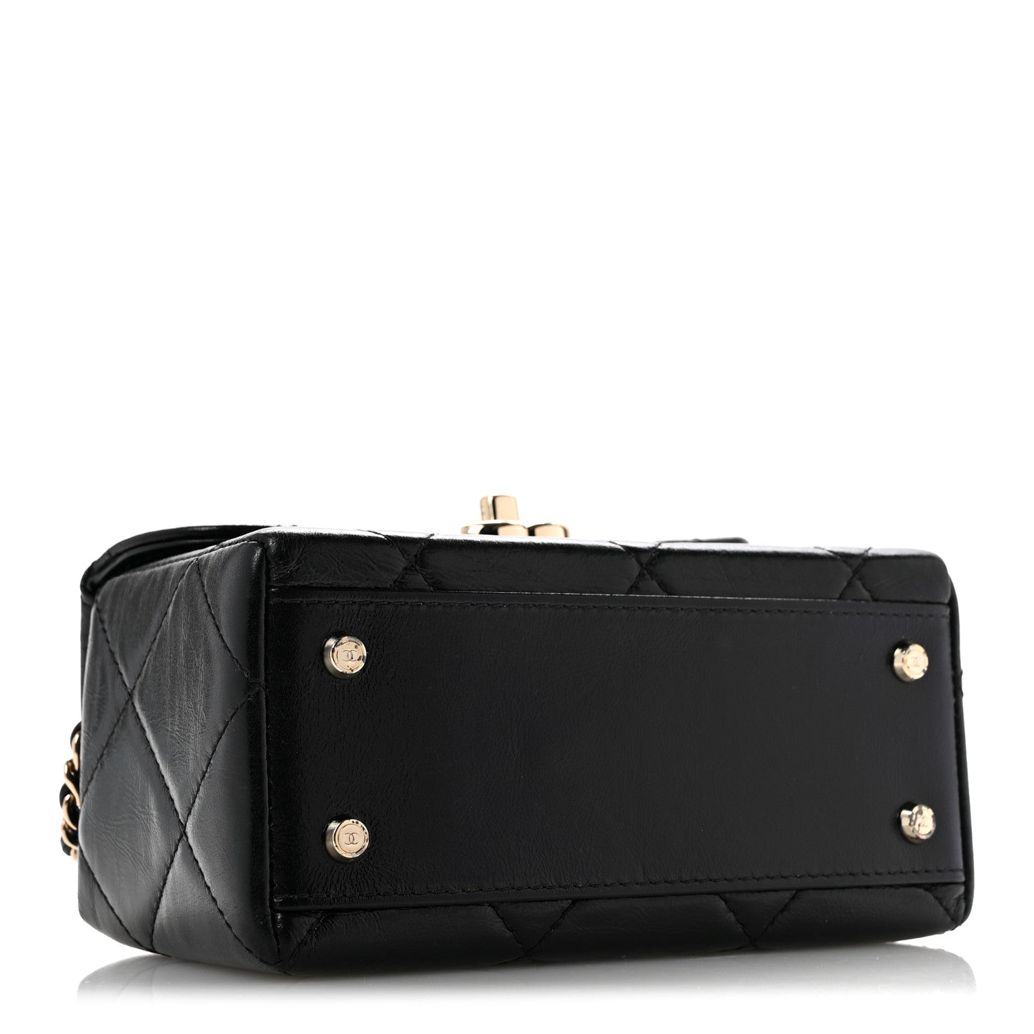 Shiny Calfskin Quilted Top Handle Box Bag Black