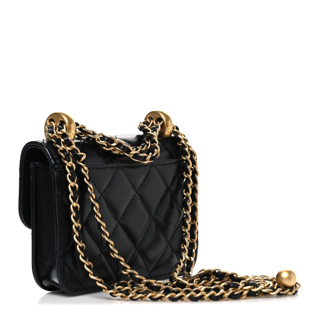 Calfskin Quilted Perfect Fit Coin Purse With Chain Black