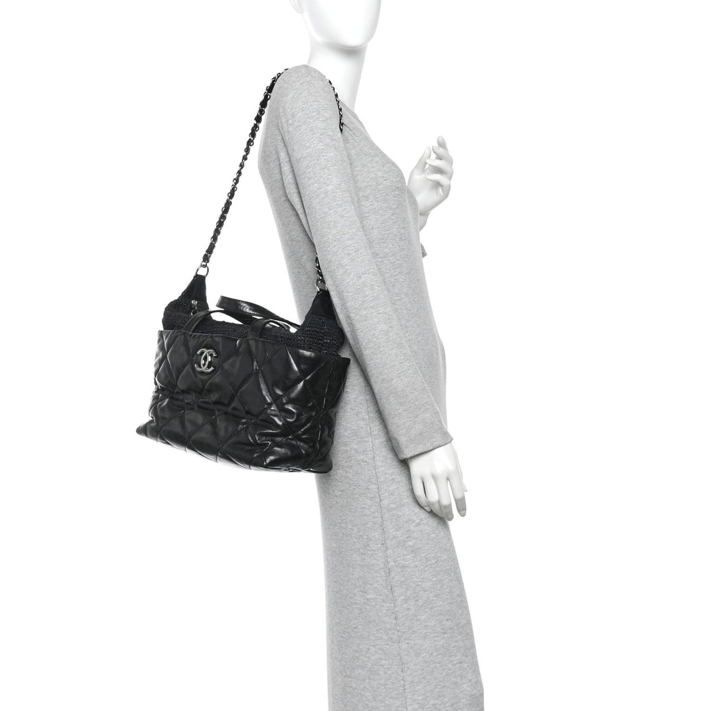 Glazed Calfskin Quilted Tweed Portobello Tote Black