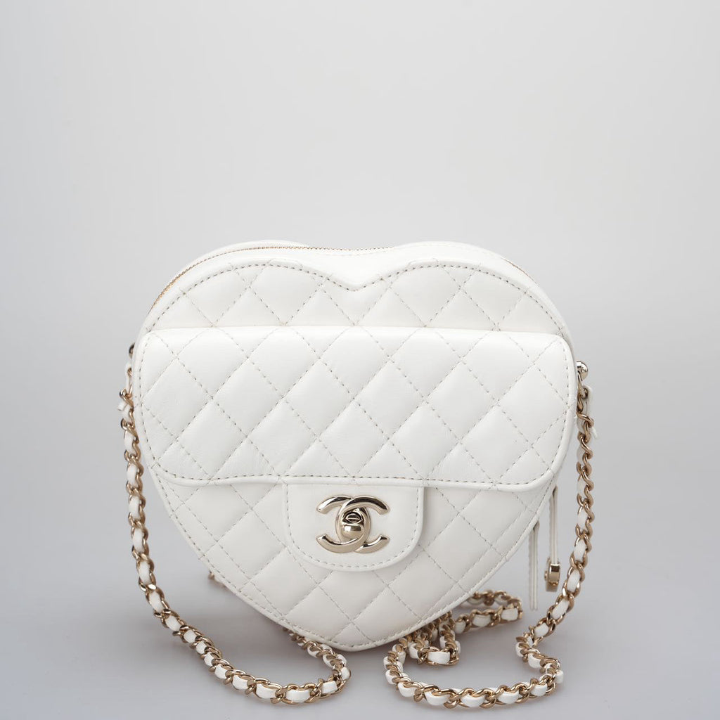 Chanel Big Heart Bag CC in Love Heart Clutch Large Size in White with Champagne Gold Hardware