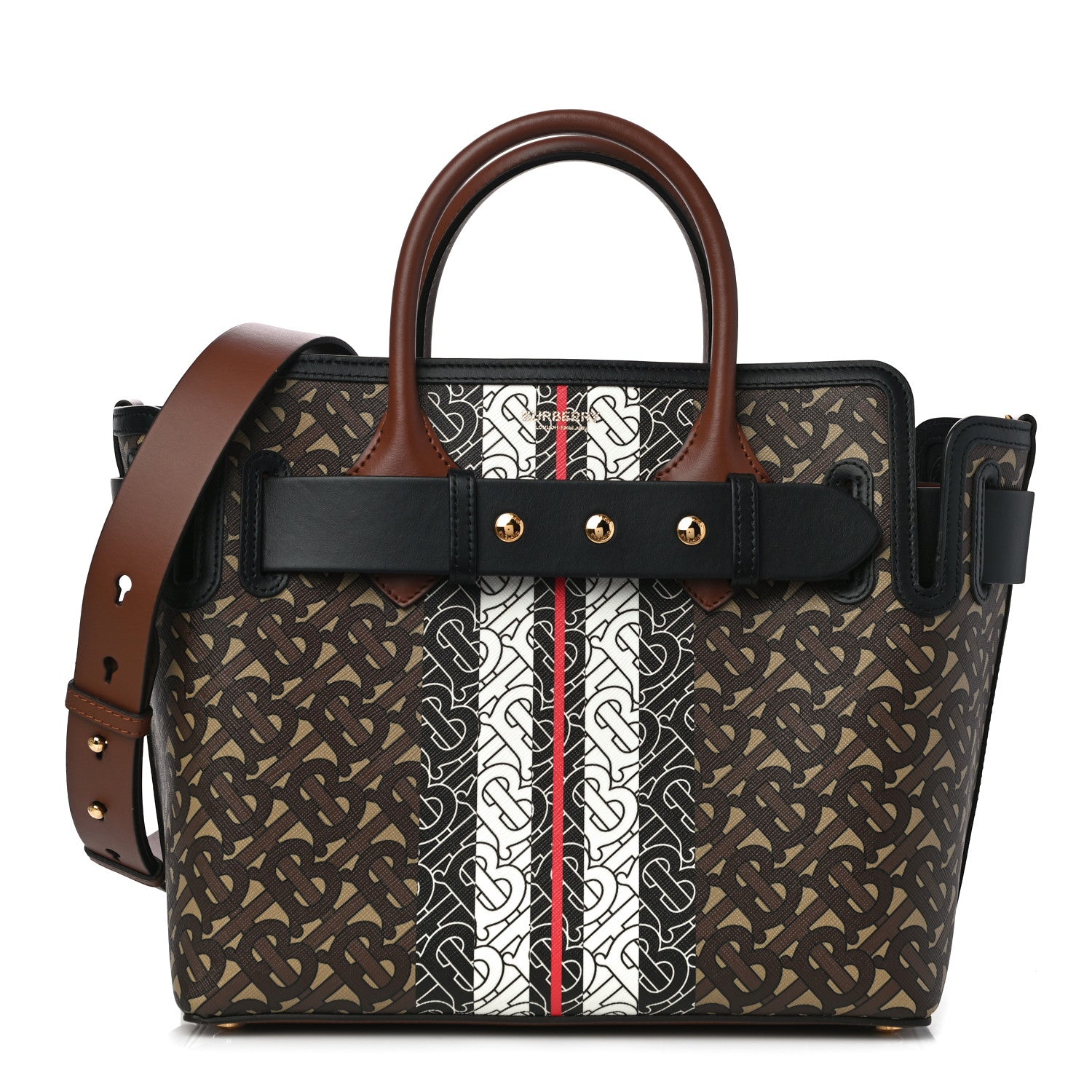 Burberry E Canvas Monogram Stripe Small Tote Bridle Brown Handbag Bag Purse NEW