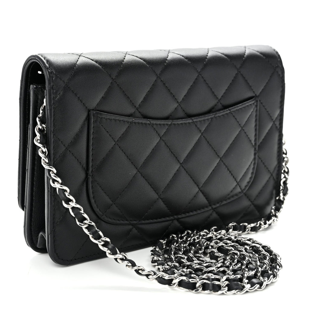 Lambskin Quilted Enamel CC Wallet on Chain WOC Black