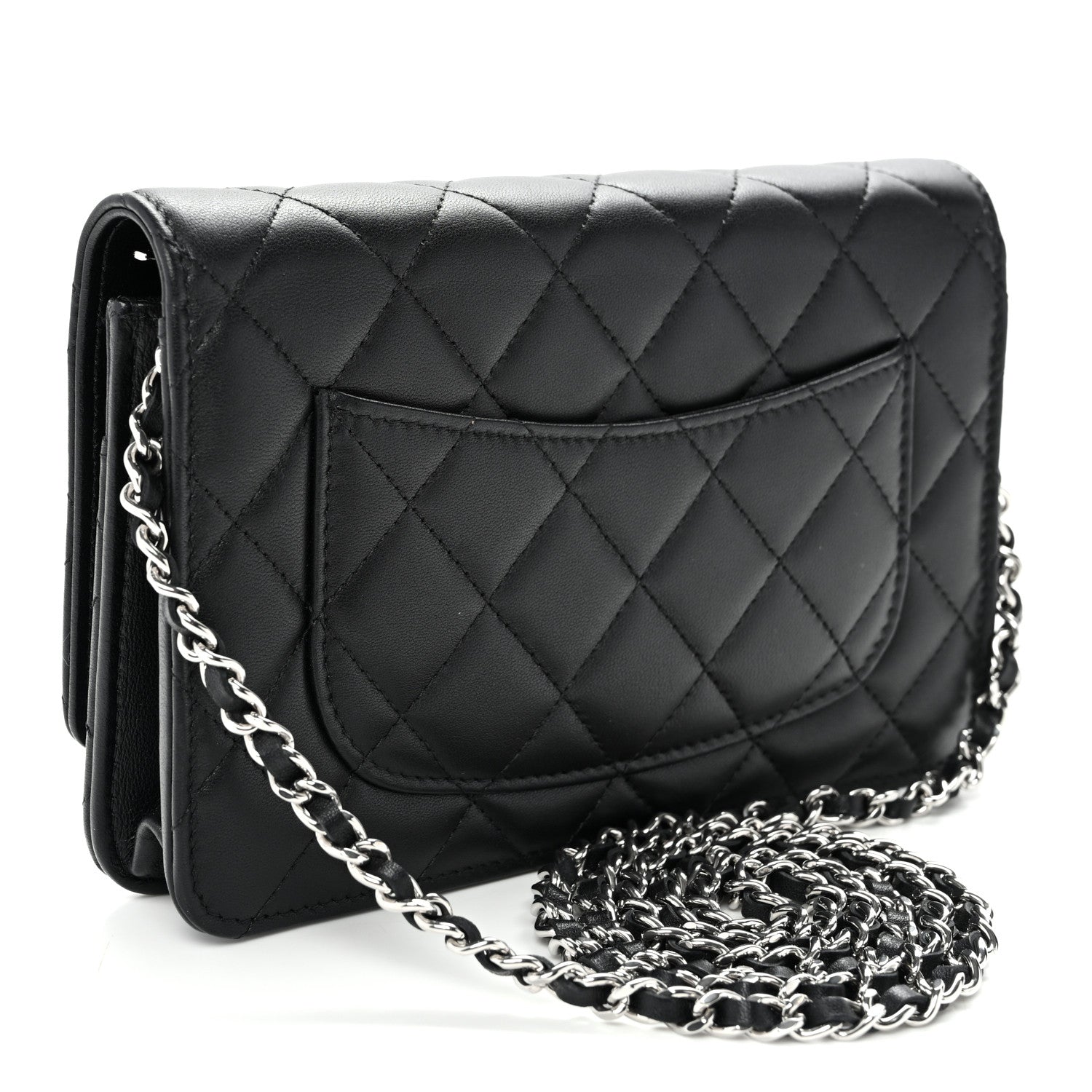 Lambskin Quilted Enamel CC Wallet on Chain WOC Black