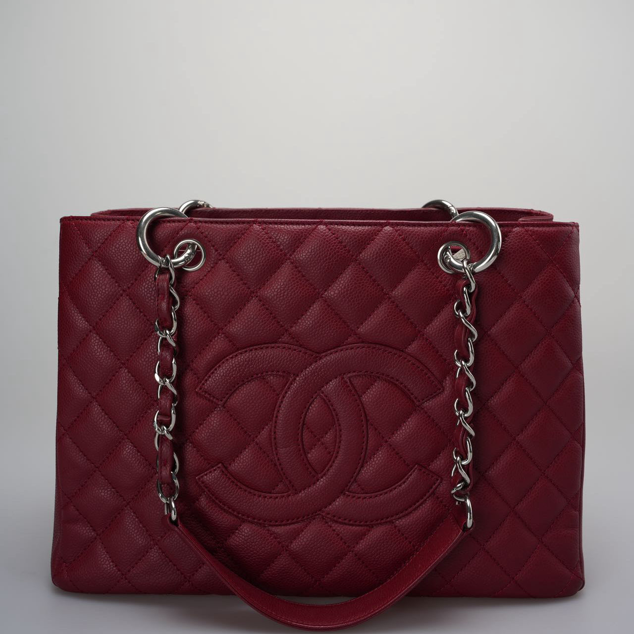 Chanel Burgundy gst Grand Shopping Tote Bag in caviar Leather with Silver Hardware