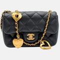 Heart Charms Mini Classic Square Flap Black Lambskin